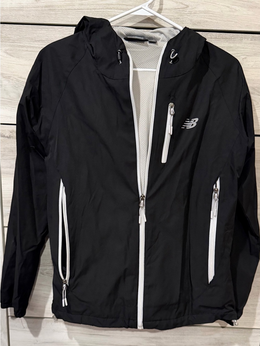 New Balance Black Hooded Windbreaker with White Zippers